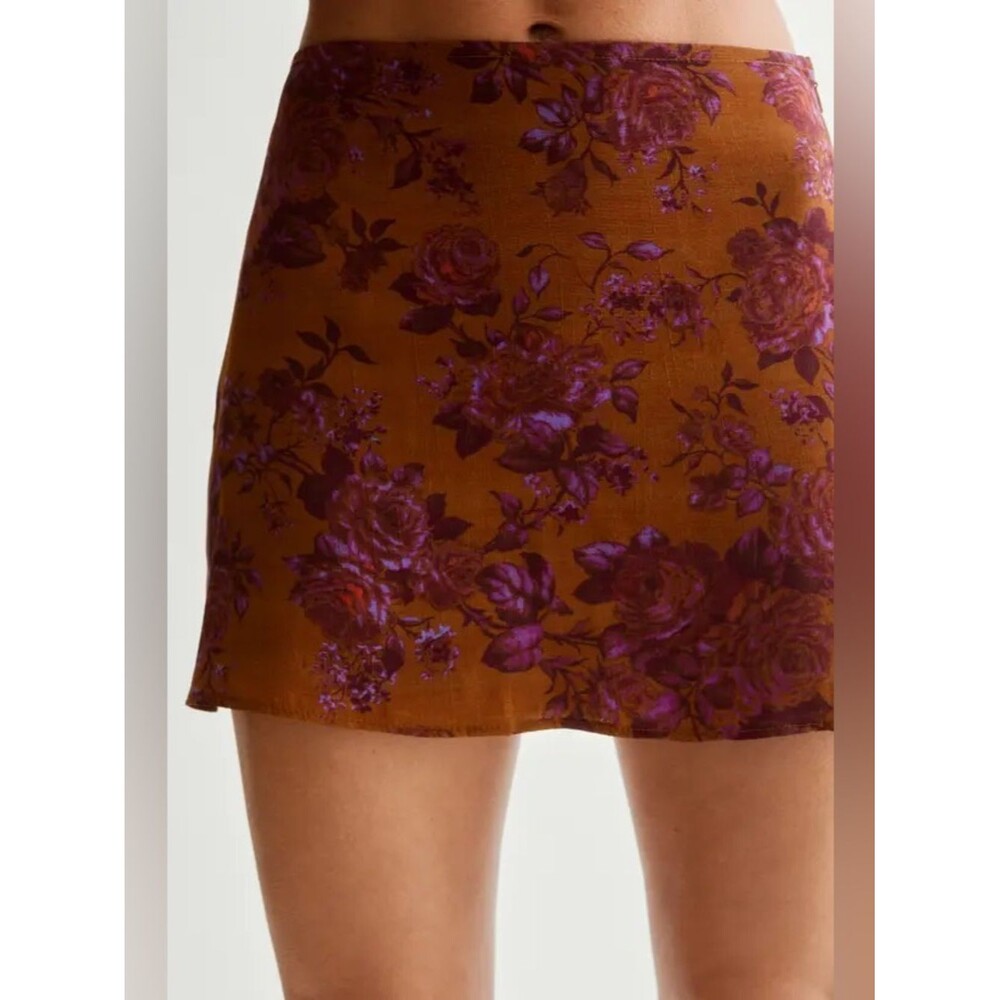 NWT $84 Nasty Gal Brown Mini Skirt with Neon Purple Floral Print